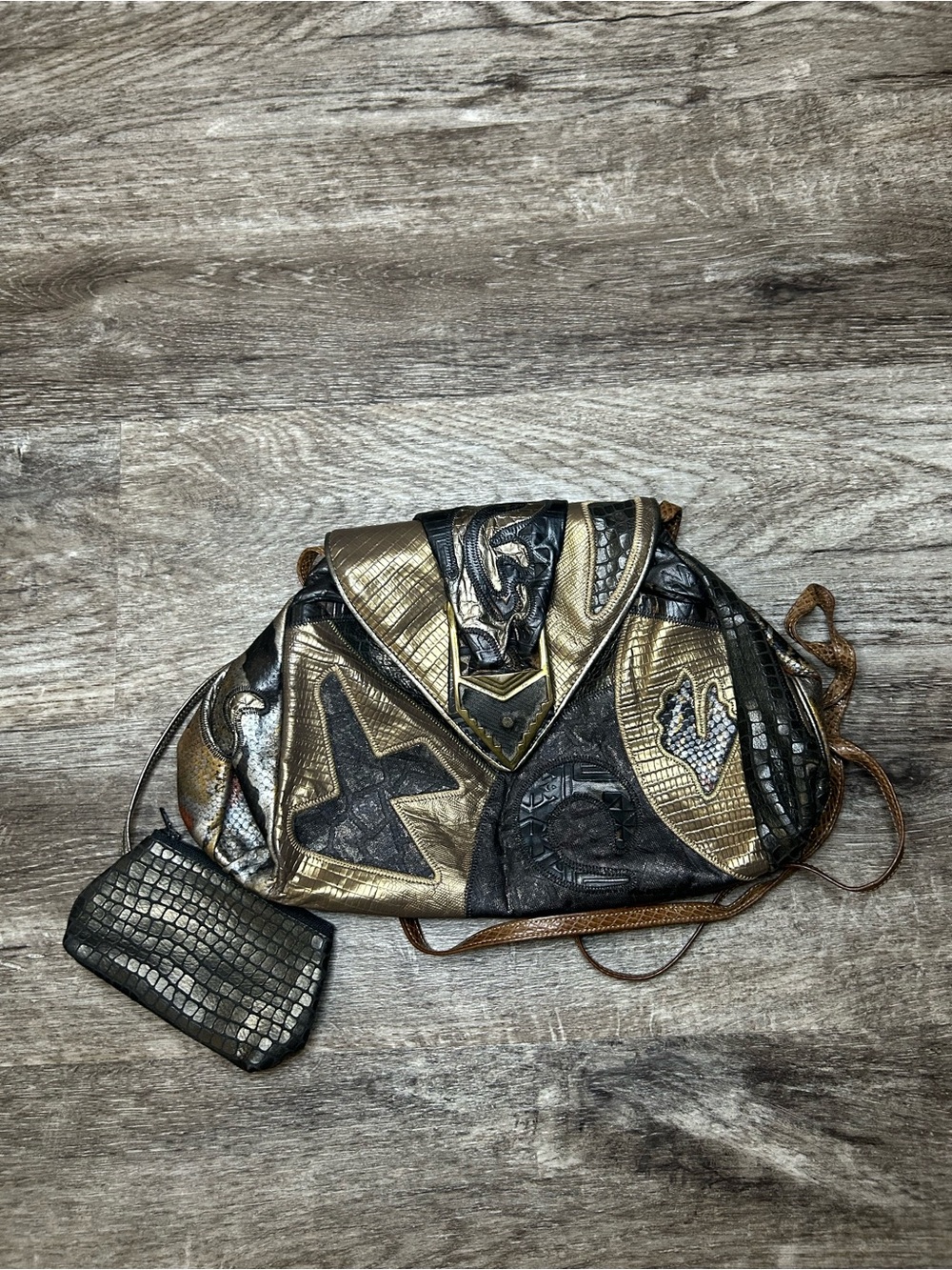 Vintage Sharif Made in USA Leather Patchwork Shoulder Bag Purse Metallic Gold Bl